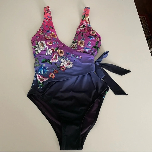 Johnny Was Ombré Garden Wrap One Piece Bathing Suit XS Multi Flowers V Neck - Picture 1 of 14